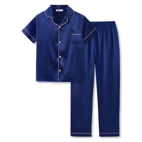 Topgal Summer Sleepwear for Little&Big Girls Gifts PJs Classic Navy Blue Satin Pajamas Set Size 8