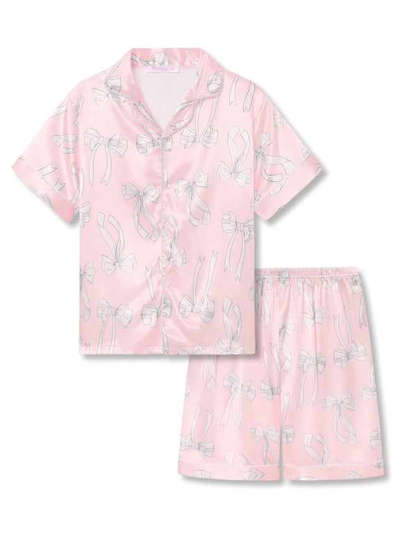 Teen Girls Satin Pajamas Button Down Jammie Short Sleeves Silky 2PC Pink & White Bows Jammie Size 16