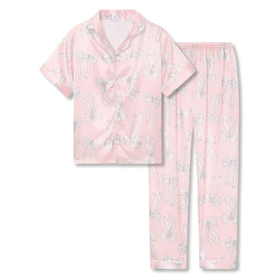 Topgal Teen Girls Satin Pajamas Button Down Short Sleeves Silky 2PC Pink & White Bows Jammie Size 14