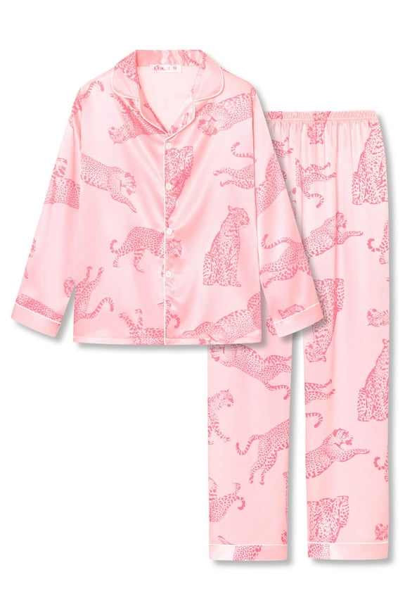 Trendy Big Girls Pink Leopard Animal Pattern Satin Pajamas Silky Button-Down Long Sleeves PJS for Teens Size 6/7