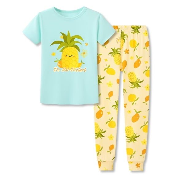 Topgal Trendy Pajama for Girls Snug-fit Short Sleeves Cotton Pant Green Pineapple 2 Piece Sleepwear Set Size 6
