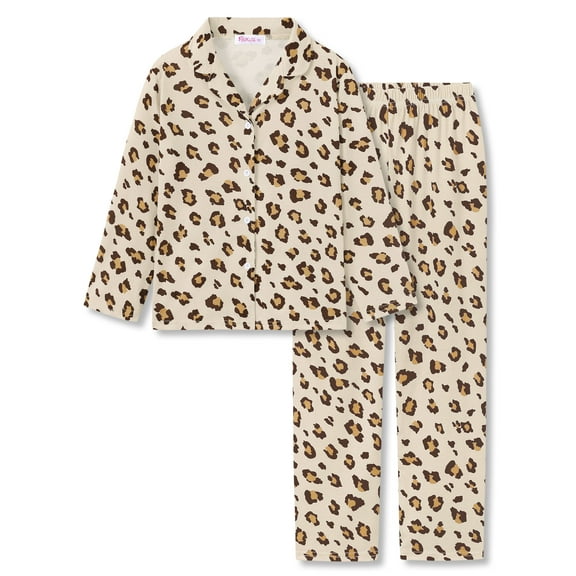 Topgal Trendy Pajamas for Girls Coat Style Brown & Beige Leopard Comfy Long Sleeves Sleepwear 2 PC Jammie Set Size 10