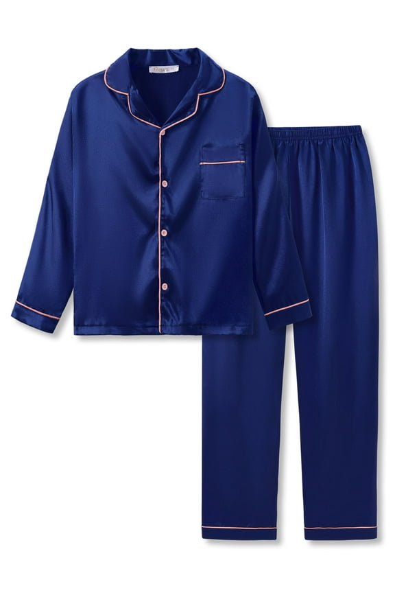 Trendy Satin Silky Navy Blue Pajamas for Big/Teen Girls Long Sleeve Button Down Sleepwears Size 10