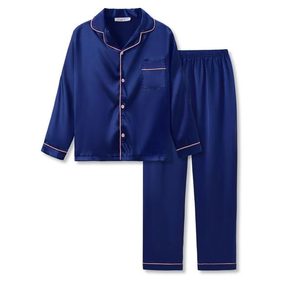 Topgal Trendy Satin Silky Navy Blue Pajamas for Big/Teen Girls Long Sleeve Button Down Sleepwears Size 6/7