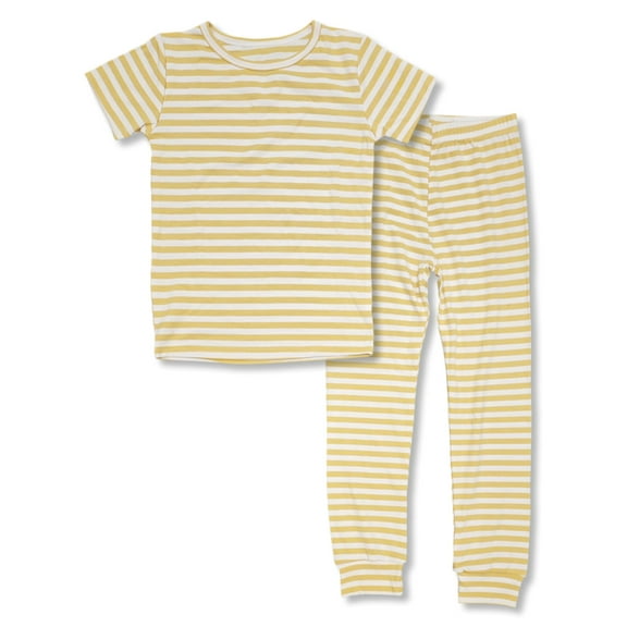 Topgal Unisex Toddler Boys Girls Snug-Fit Pajamas - 2PC Yellow & White Stripes Short Sleeve Pant Kid PJ Set Size 4T
