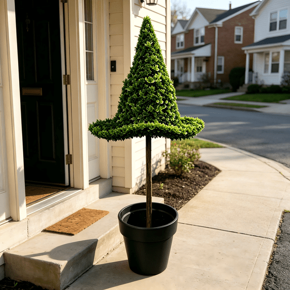 Topiary Trees Artificial Outdoor 22.5in - Hat Shape UV Resistant Faux Plants Outdoor, Realistic Fake Potted Bushes and Shrubs for Front Porch, Planter, Patio - Low Maintenance & Evergreen