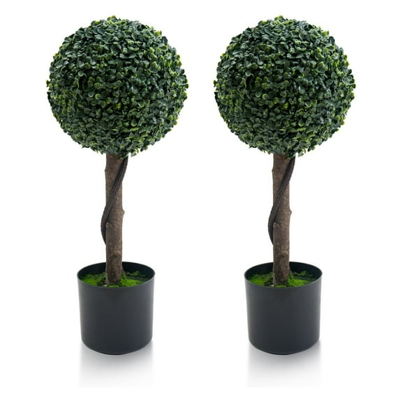 Topiary Trees Artificial Outdoor Set of 2, 24" Milan Grass Ball Topiary Trees with Double Balls Boxwood Ball Trees for Porch, Home, Garden Decor