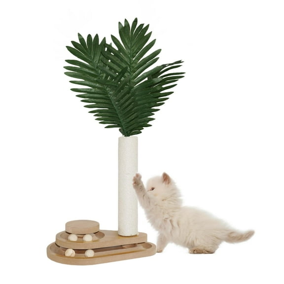 Topkins Cat Scratching Post, 23.6" Green Leaves Tall Scratching Post, 2 Layer Cat Ball Track Toy with 4 Removable Balls, Interactive Cat Toy with Natural Sisal Scratch Pole