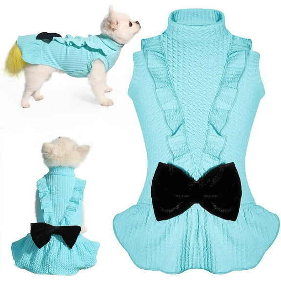 Topkins Dog Birthday Dresses, Dog Princess Dress, Turtleneck Puppy Skirt with Velvet Bowknot for Small Medium Dogs Girl (Blue,XS)