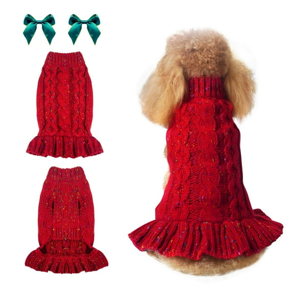 Topkins Dog Sweaters, Dog Sweater Dresses for Medium Dog, Dog Knit Sweater with Colored Dot and Blue-Green Bow Clips, Winter Outfit for Dog Girl(Red, M)
