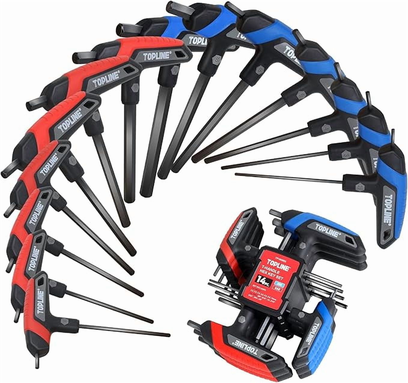 Topline 14-Piece T-Handle Hex Key Set, Metric & SAE Long Arm Allen ...
