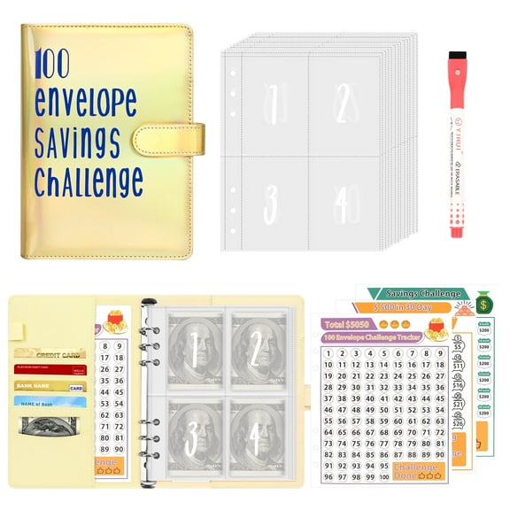 Toplive 100 Envelopes Challenge Binder A5 Money Saving Binder, PU Leather Envelope Savings Challenge Book, Easy and Funny Way to Save $500/$5,050 /$10,000, Budget Binder with Cash Envelopes-Yellow