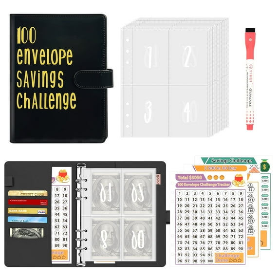 Toplive 100 Envelopes Challenge Binder A5 Money Saving Binder, PU Leather Envelope Savings Challenge Book, Easy and Funny Way to Save $500/$5,050 /$10,000, Budget Binder with Cash Envelopes-Black