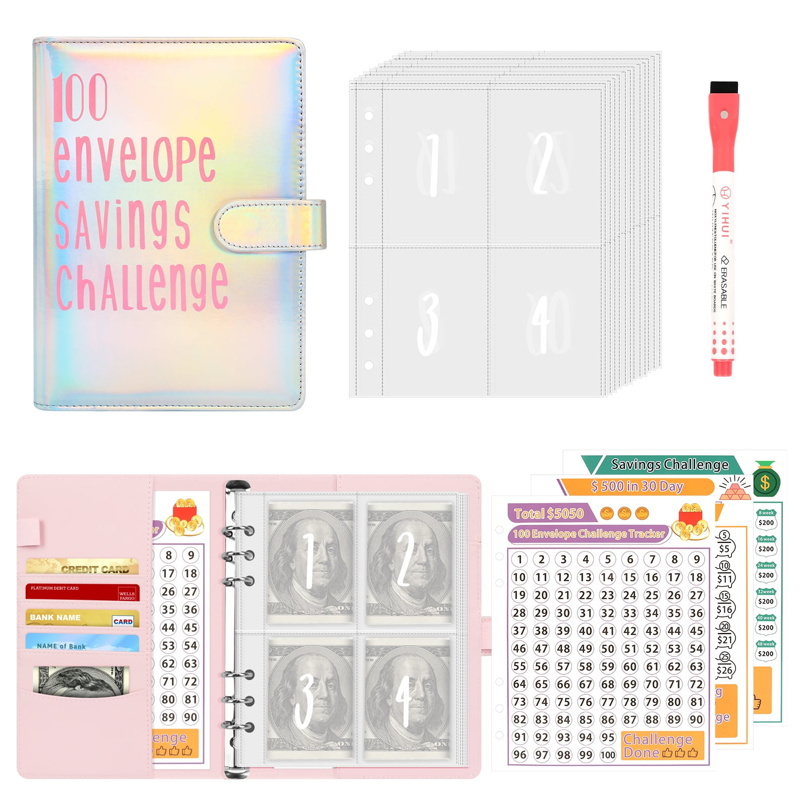 Toplive 100 Envelopes Challenge Binder, A5 PU Leather Money Saver ...