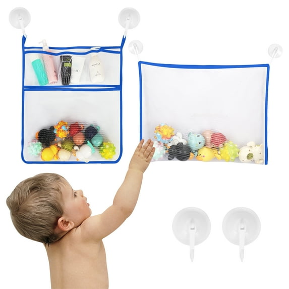 Toplive 2 x Mesh Bath Toy Organizer, Bath Toy Storage for Baby Bath Toys, Hanging Bath Toy Holder With 6 Ultra Strong Suction Hooks for Bathtub Toys, Bath Toys & More-Blue