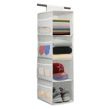 Toplive 4-Shelf Hanging Closet Organizer, Space Saver, Closet Hanging Storage Shelves with Mesh Pockets & Magic Tap for Storage, Foldable-Grey