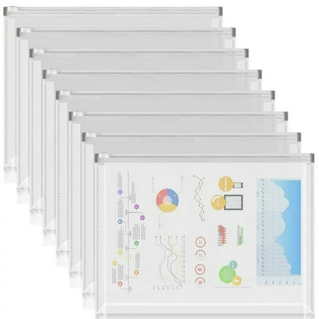 Toplive A4 Plastic Zipper Pouch,8 Pack A4 Expanding Waterproof Zipper Document Bag File Folder for Office Supplies,Transparent