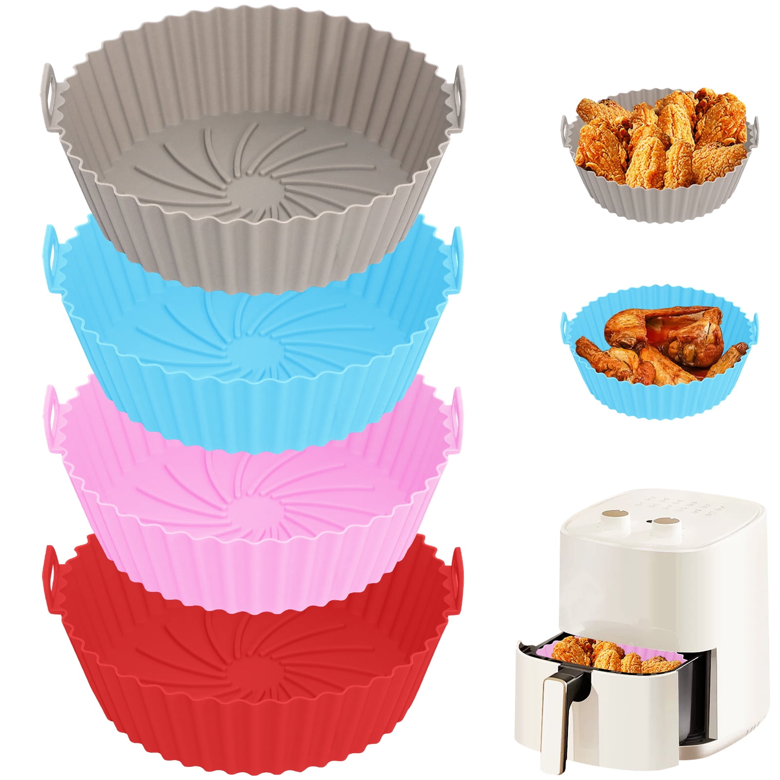 Toplive Air Fryer Silicone Liners 4 Pack Air Fryer Pot 7.8 Inch Reusable Food Grade Air Fryer Liners for 3-5 QT Air Fryer Silicone Baking Tray, Non-Stick, Dishwasher Safe-Blue+Pink+Red+Grey