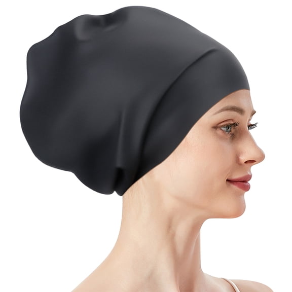 Toplive Extra Large Swiming Cap for Women and Men, Waterproof Silicone Bath Pool Shower Surf Swim Cap for Long Thick Curly Hair, Dreadlocks, Weaves, Braids, Afros-Black