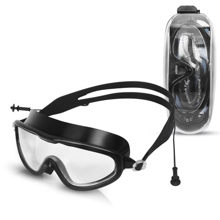 Toplive No Leaking Wide View, Swimming Goggles with Conjoined Earplugs for Adult Men Women Youth-Black