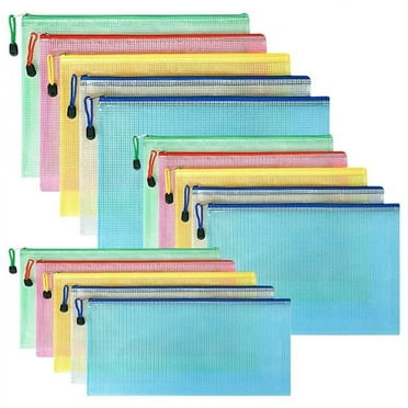 Toplive Plastic Mesh Zipper Pouch, 15 Packs (A4/A5/A6 Size,5 Colors) Waterproof Mesh Bag Document Bag File Folder for Office Supplies
