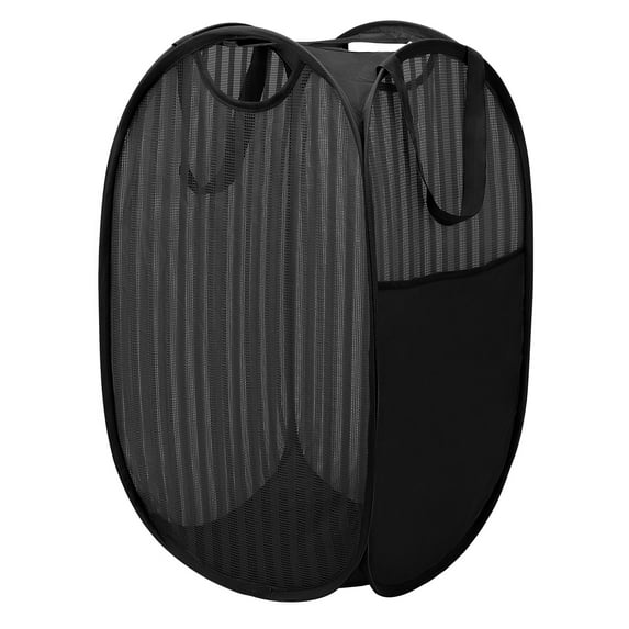 Toplive Pop Up Laundry Hamper Mesh Laundry Basket, Collapsible Popup Hamper Dirty Clothes Basket with Side Pocket, Carry Handles for Home, Dorm, Bathroom, Bedroom, Travel-Black