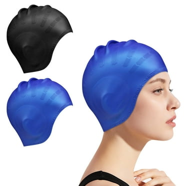 Toplive Swim Cap 2 Pack Unisex Swimming Cap with 3D Ear Protection, Durable Flexible Silicone Swimming Hats for Men Women Adults Kids, Bathing Swimming Caps for Long/Short Hair