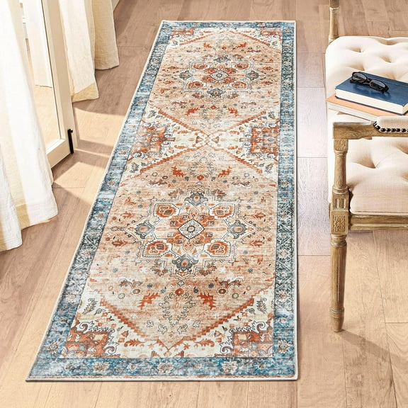 Topllen Non Slip Runner Rugs, Ultra-Thin 2.6'x8'Runners for Hallways, Laundry Kitchen Bathroom Washable Rugs for Bedroom, Indoor Vintage Area Rugs (Orange/Blue,2.6'x8')