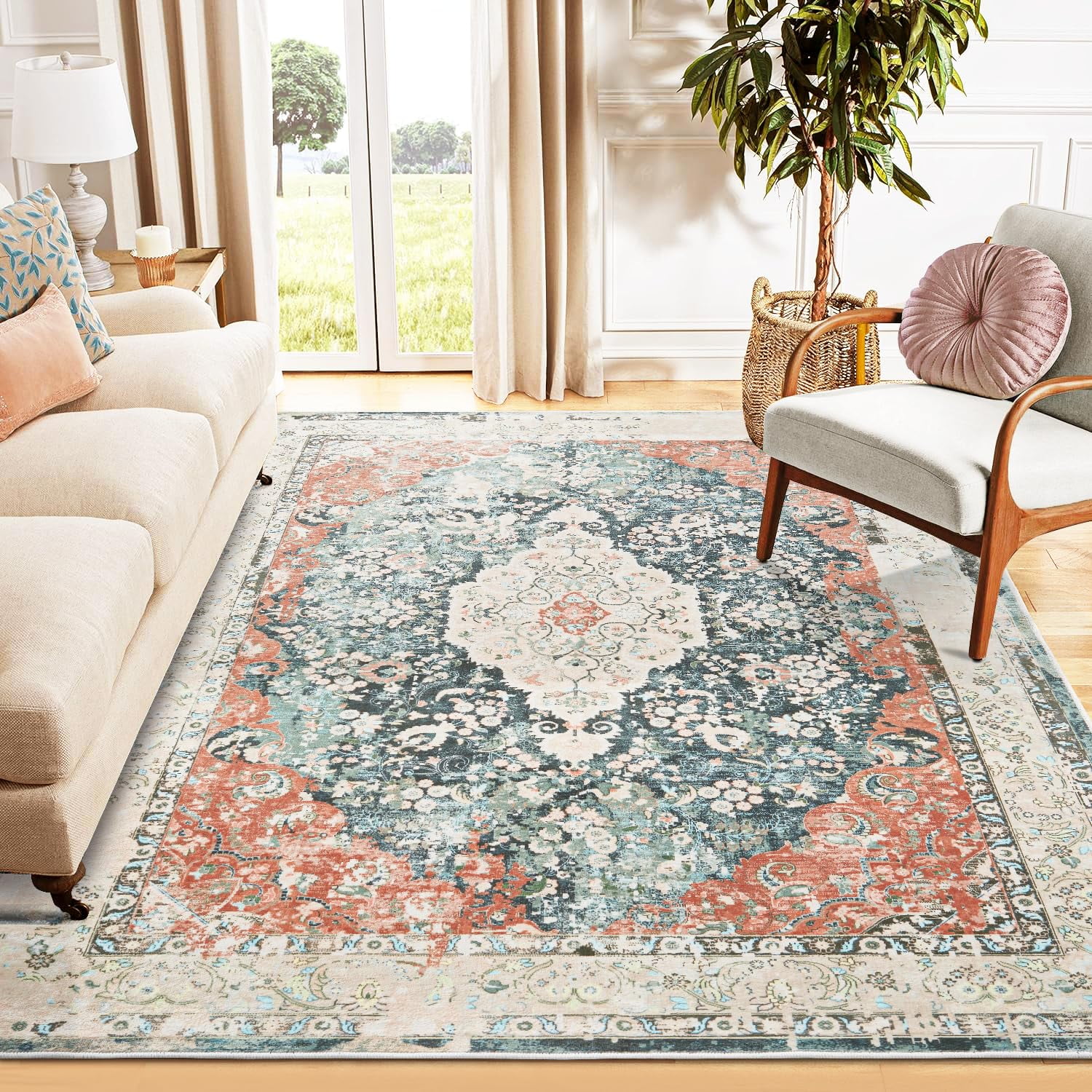 Coral Red and Green Vintage Floral Machine Made Area Rug