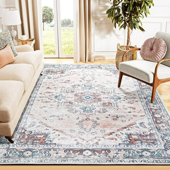 Topllen Ultra-Thin 4x6 Washable Vintage Area Rug - Living Room Rugs,Non-Slip Washable Soft Velvet Rug for Dining Room Office Rug Indoor Floor Carpet (Pink,4'x6')