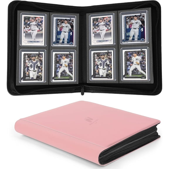 Toploader Binder,4 Pocket with 128 Card Slots for 3" x 4" Rigid Cards,PU Card Album for Trading Cards & Sports Cards(Pink)