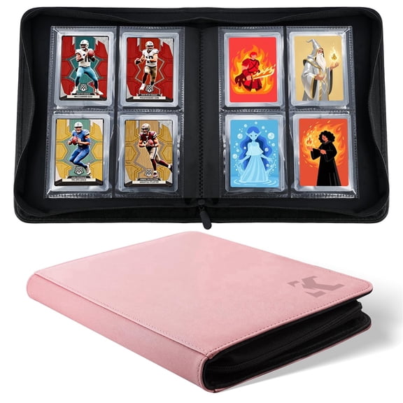 Toploader Binder, Holds 128 Top Loaders, 4 Pocket Top Loader Binders with Sleeves for 3" x 4" Rigid Cards, 16 Double-Sided Pages, Trading Card Album for Sports, TCG, MTG, Pink