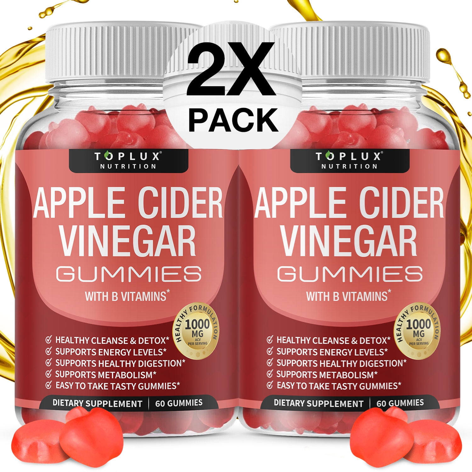 Toplux Apple Cider Vinegar Gummies 1000mg ACV with the Mother for Immune System, Detox & Cleanse 60 Count 2 Pack