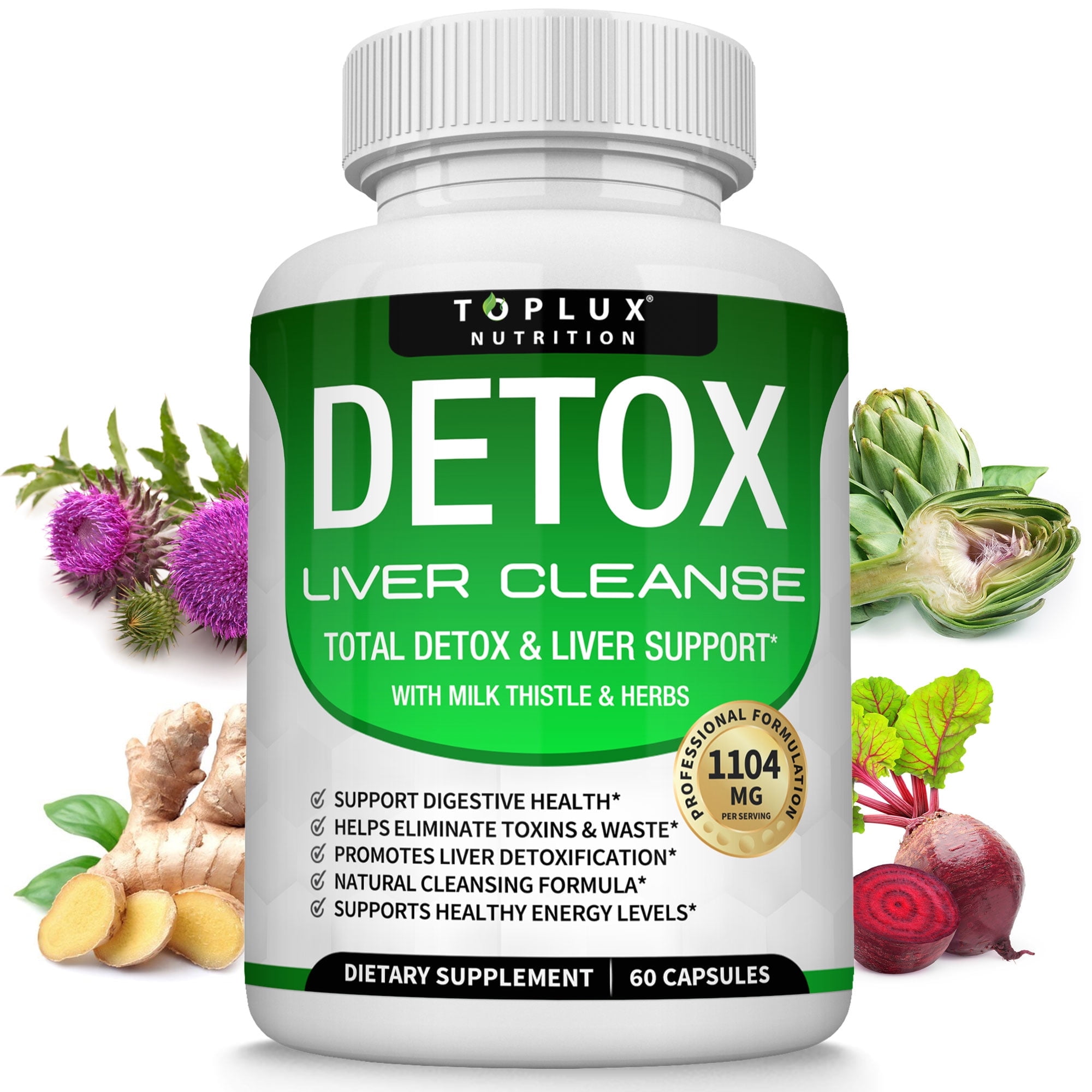 Toplux Detox Liver Cleanse Supplement Support Liver & Body Detox Milk Thistle Artichoke Extract Dandelion Root, 25+ Herbs 60 Capsules