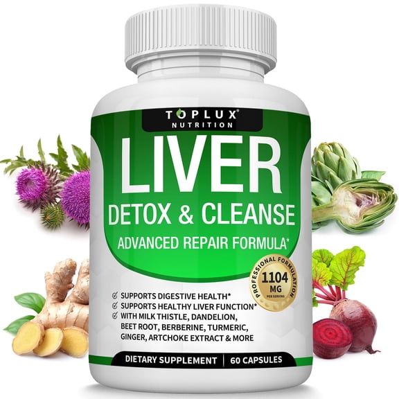 Toplux Detox Liver Cleanse Supplement Support Liver & Body Detox Milk Thistle Artichoke Extract Dandelion Root, 25+ Herbs 60 Capsules