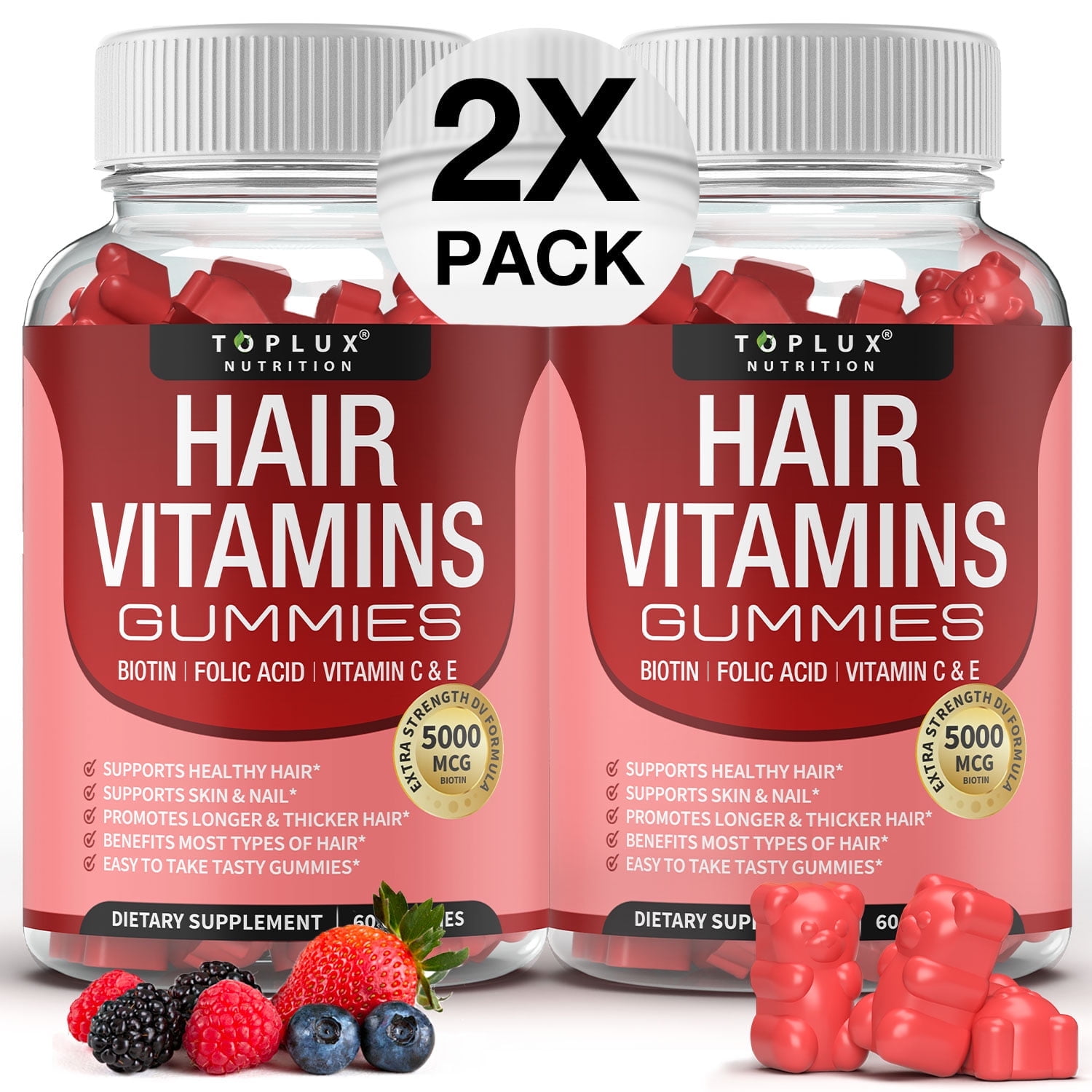 Toplux Hair Vitamin Gummies 5000mcg Biotin Supplement for Healthy Hair Growth Support Skin & Nails, Berry Flavor 60 Count 2 Pack