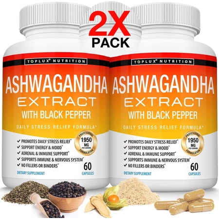 Toplux Organic Ashwagandha 1950mg with Black Pepper Extract - Anxiety and Stress Relief, Mood, Energy 60 Capsules 2x Pack