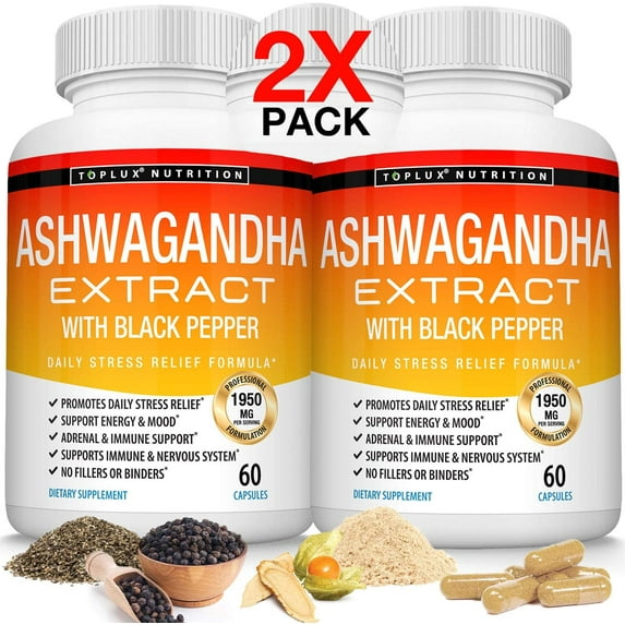 Toplux Organic Ashwagandha 1950mg with Black Pepper Extract - Anxiety and Stress Relief, Mood, Energy 60 Capsules 2x Pack