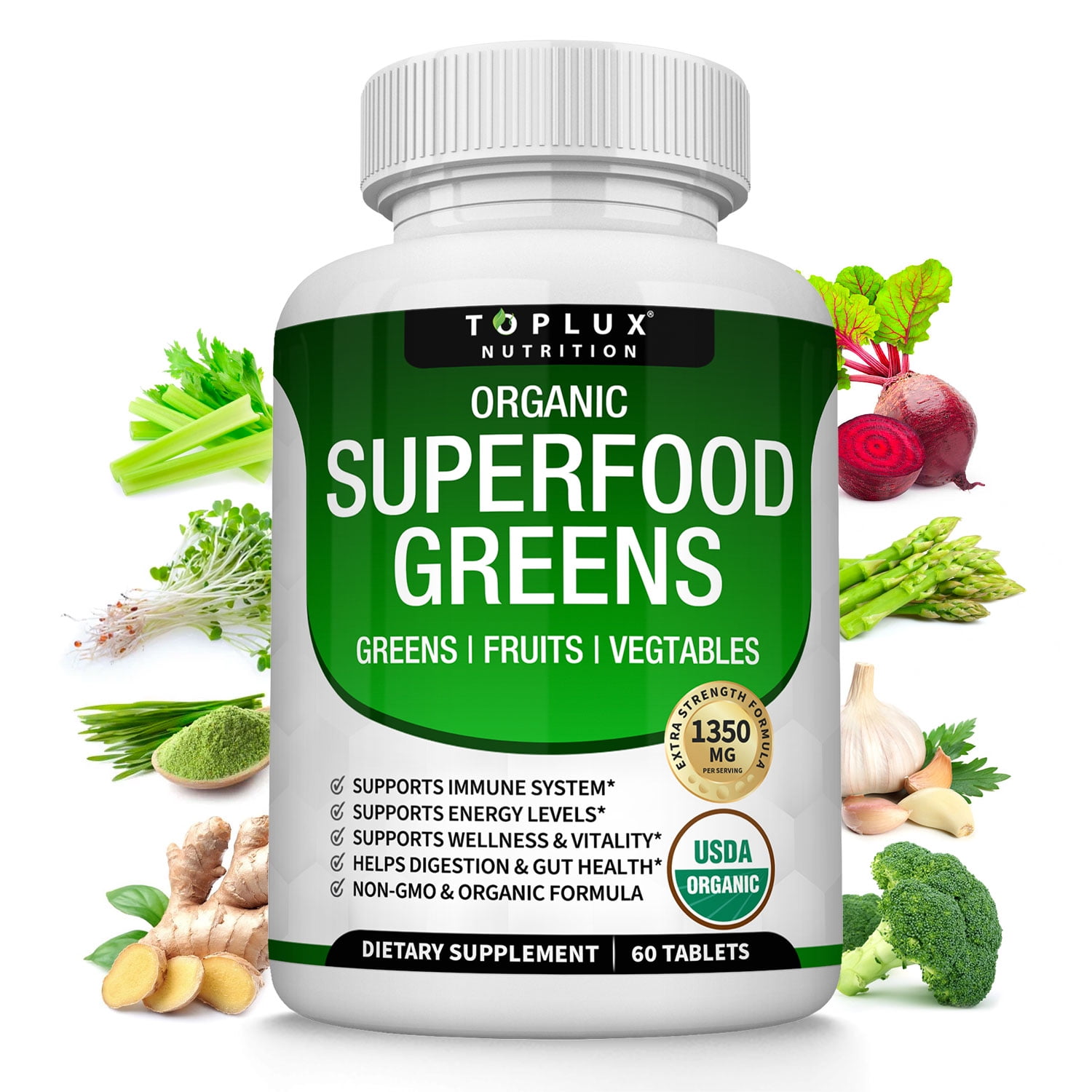 Toplux Organic Superfood Greens, Kale Leafy Veggies Tabs, 1350mg 28