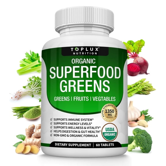 Toplux Organic Superfood Greens Capsules 1350mg Super Greens Supplement with over 28 Superfoods for Overall Health & Wellness 60 Tablets