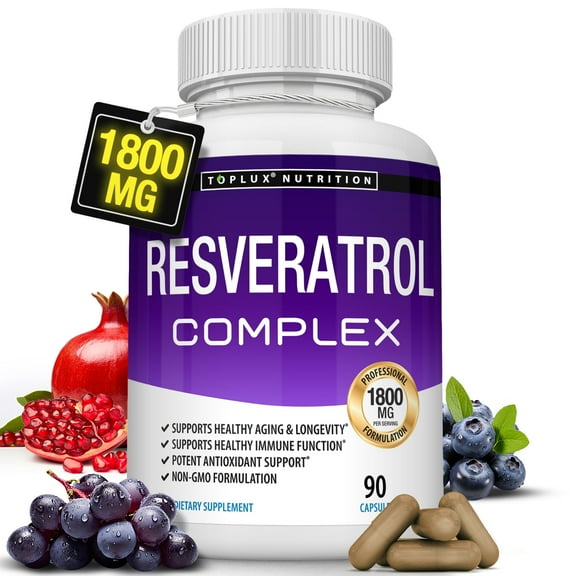 Toplux Resveratrol Supplement 1800mg Trans-Resveratrol for Antioxidant Anti-Aging Support 90 Capsules