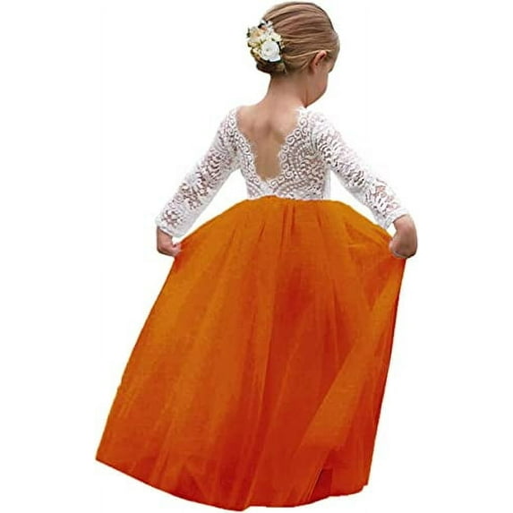 Topmaker Girl Toddler Full-Length Straight Tulle Tutu Lace Back Party Flower Girl Dress, Rust Orange, 10-12 Years