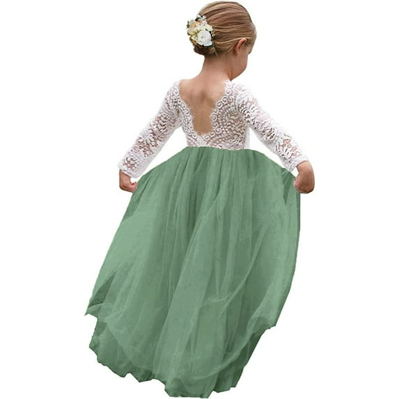 Topmaker Girl Toddler Full-Length Straight Tulle Tutu Lace Back Party Flower Girl Dress, Sage, 7-8 Years