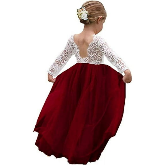 Topmaker Girl Toddler Full-Length Straight Tulle Tutu Lace Back Party Flower Girl Dress, Wine Red, 9-10 Years