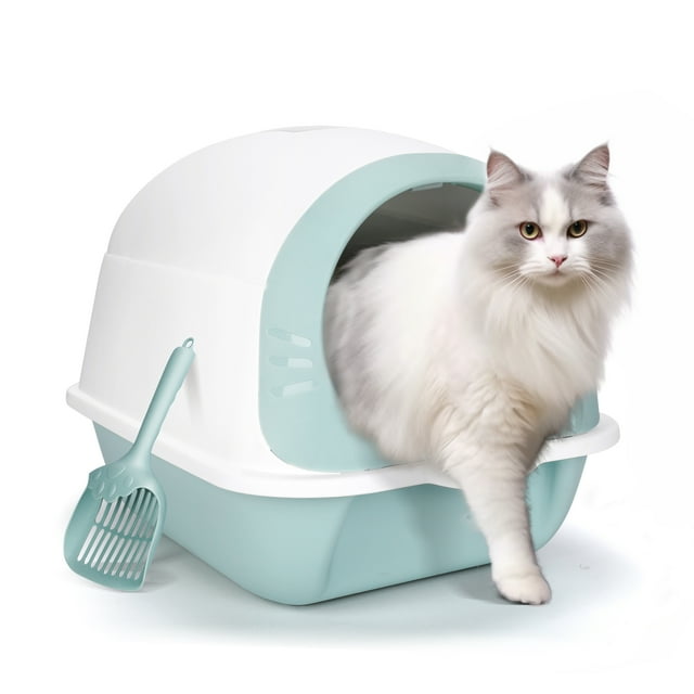 Topmart Large Covered Cat Litter Box with Flap-Entry Hood, White/Green ...