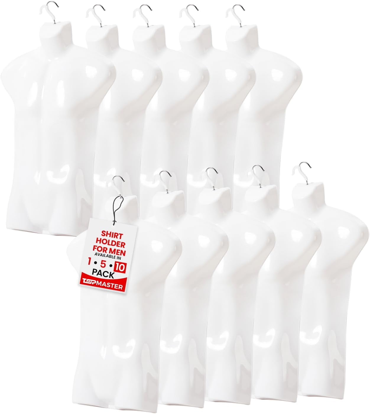 Topmaster Premium Male Shirt Holder - Durable Male Mannequin Torso, Lightweight and Portable Half Body Shirt Holder With Hanging Hook, Male Mannequin for Shirt Display and Storage, White, Pack of 10