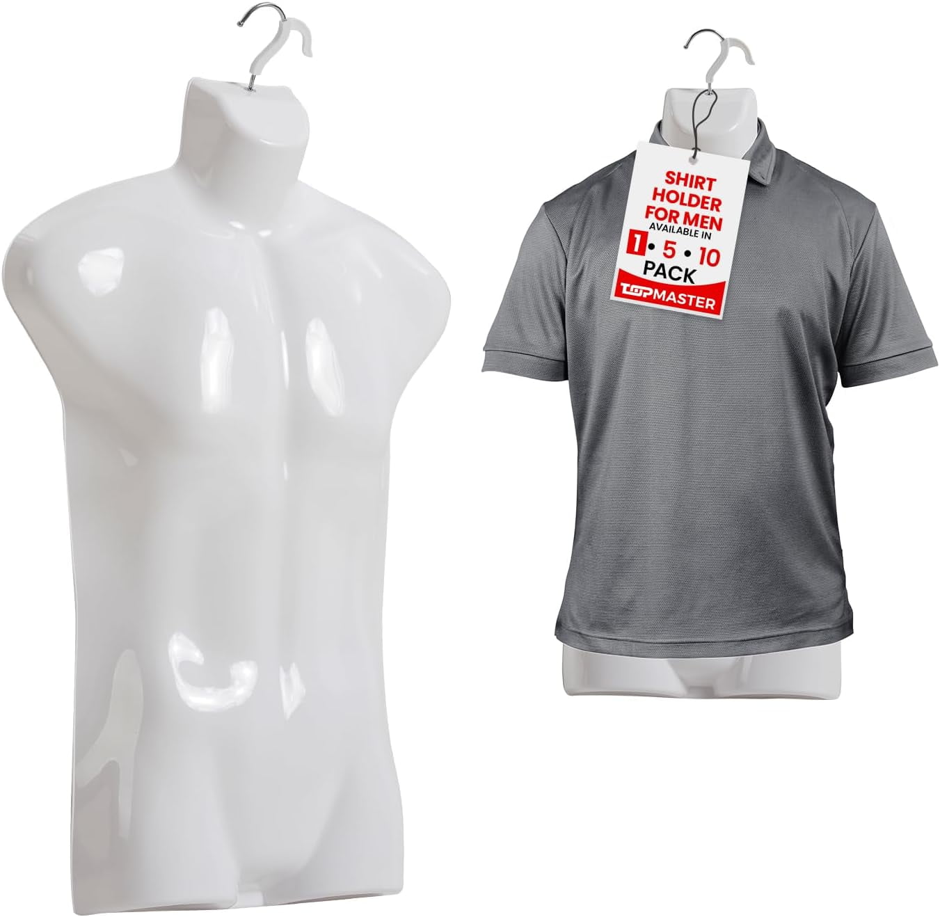 Topmaster Premium Male Shirt Holder – Lightweight Mannequin Torso with Hanging Hook for Shirt Display & Storage, White, Pack of 1