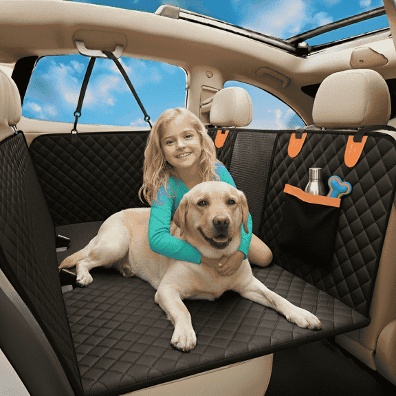 Topmost Hard Bottom Waterproof Back Seat Extender for Pets with Mesh Window and Side Flaps. Waterproof. Fits Cars & SUVs