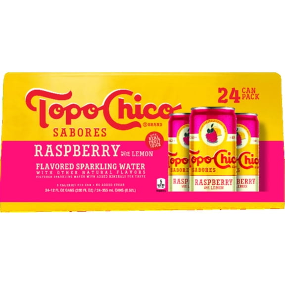 Topo Chico Sabores Raspberry with Lemon Sparkling Mineral Water, 12 fl oz Cans, 24 Pack, Naturally Flavored Sparkling Beverage