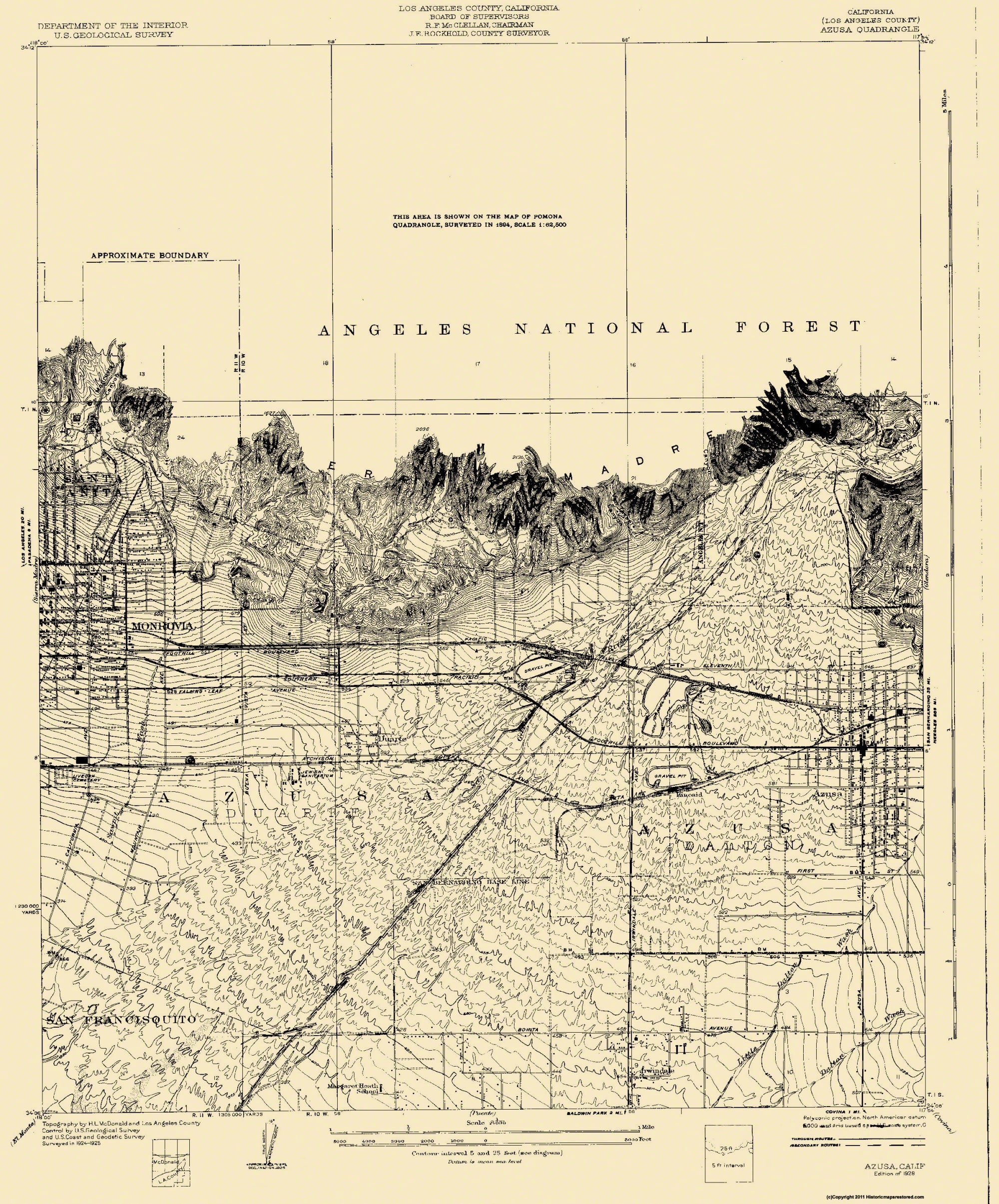 Carte Topographique Vintage Los Angeles 1928 - USGS - Reproduction Roulée (23 X 27,94 Pouces)